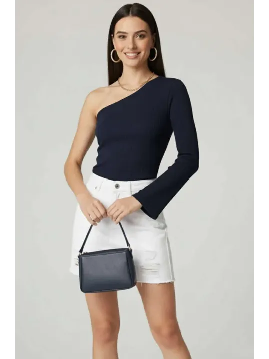 Tek Omuzlu Basic Bluz Lacivert T4275