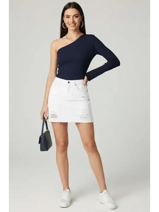 Tek Omuzlu Basic Bluz Lacivert T4275