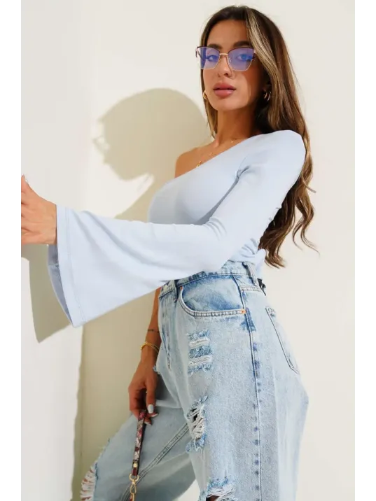 Tek Omuzlu Basic Bluz Mavi T4275