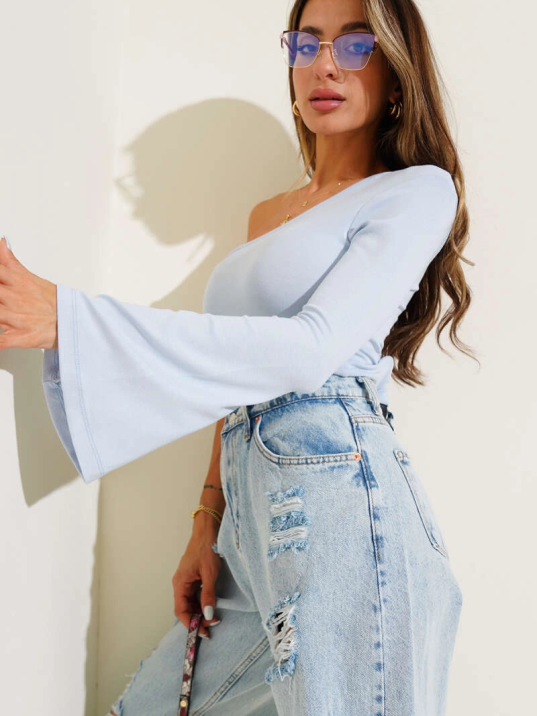 Tek Omuzlu Basic Bluz Mavi T4275 Tek Omuzlu Basic Bluz Mavi T4275