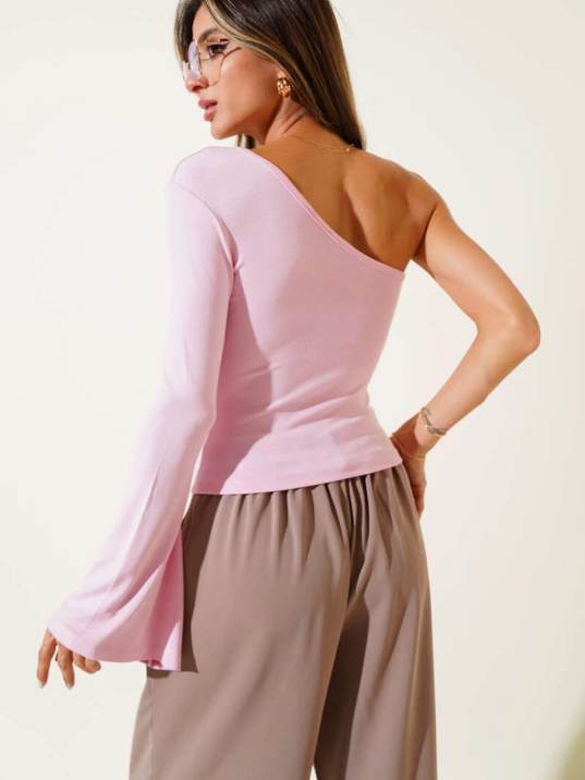 Tek Omuzlu Basic Bluz Pembe T4275 Tek Omuzlu Basic Bluz Pembe T4275