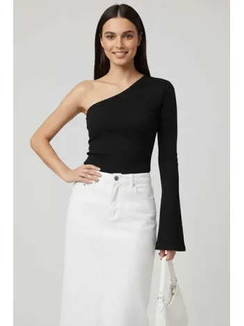 Tek Omuzlu Basic Bluz Siyah T4275