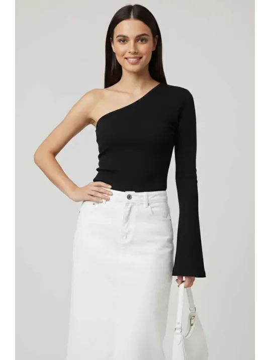 Tek Omuzlu Basic Bluz Siyah T4275 Tek Omuzlu Basic Bluz Siyah T4275