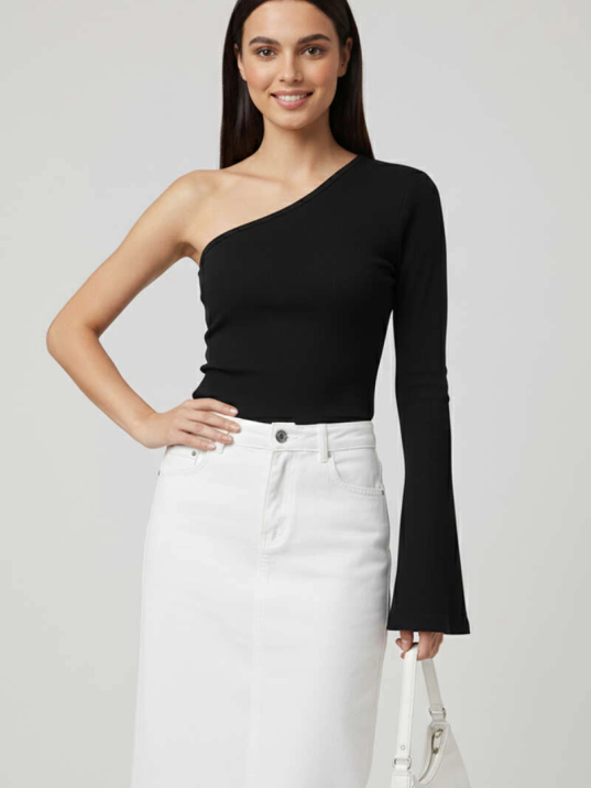 Tek Omuzlu Basic Bluz Siyah T4275 Tek Omuzlu Basic Bluz Siyah T4275