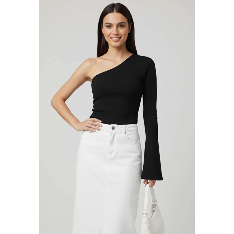 Tek Omuzlu Basic Bluz Siyah T4275 Tek Omuzlu Basic Bluz Siyah T4275