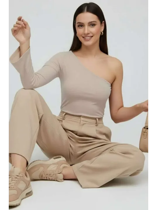 Tek Omuzlu Basic Bluz Vizon T4275