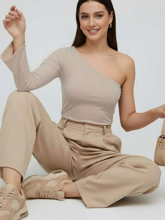 Tek Omuzlu Basic Bluz Vizon T4275 Tek Omuzlu Basic Bluz Vizon T4275