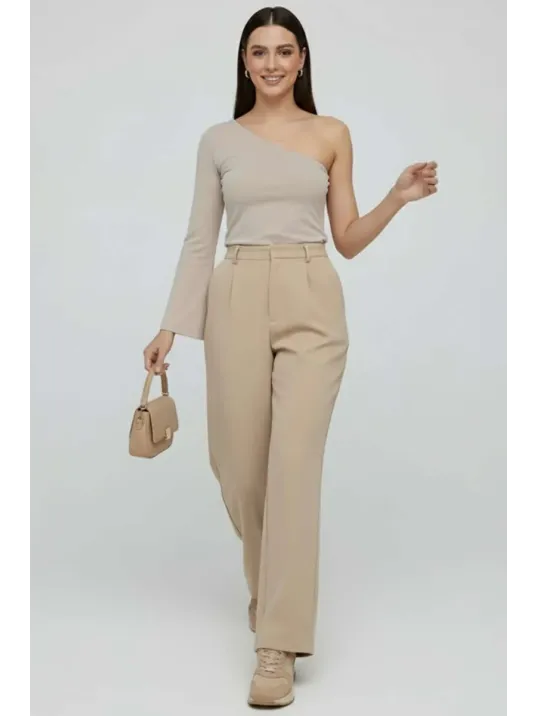 Tek Omuzlu Basic Bluz Vizon T4275 Tek Omuzlu Basic Bluz Vizon T4275