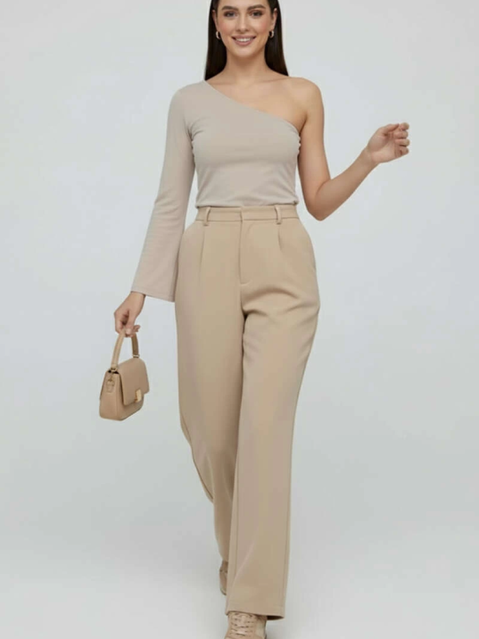 Tek Omuzlu Basic Bluz Vizon T4275 Tek Omuzlu Basic Bluz Vizon T4275