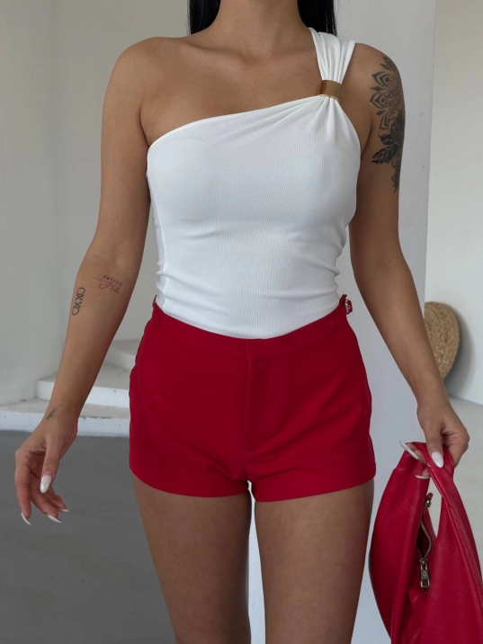 Tek omuzlu Otoman kumaş gold metal detaylı bluz s2311 Tek omuzlu Otoman kumaş gold metal detaylı bluz s2311