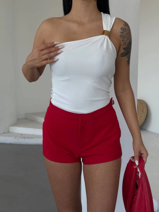 Tek omuzlu Otoman kumaş gold metal detaylı bluz s2311 Tek omuzlu Otoman kumaş gold metal detaylı bluz s2311