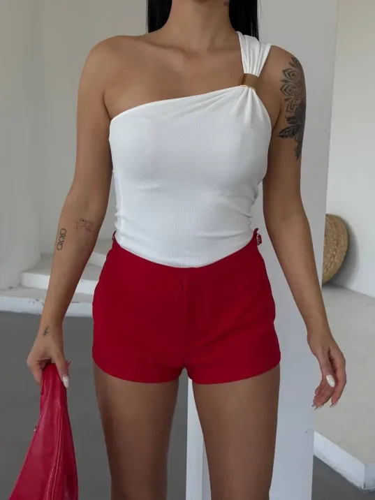 Tek Omuzlu Otoman Kumaş Gold Metal Detaylı Bluz S2311