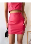 Tek Yırtmaçlı Arkadan Fermuarlı Deri Etek Fuşya S24475