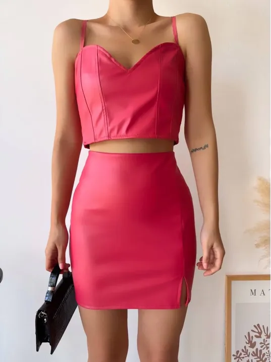 Tek Yırtmaçlı Arkadan Fermuarlı Deri Etek Fuşya S24475