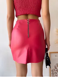 Tek Yırtmaçlı Arkadan Fermuarlı Deri Etek Fuşya S24475