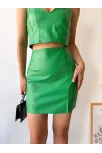 Tek Yırtmaçlı Arkadan Fermuarlı Deri Etek Yeşil S24475