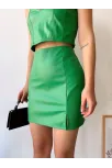 Tek Yırtmaçlı Arkadan Fermuarlı Deri Etek Yeşil S24475