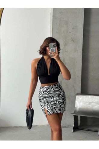 Tek yırtmaçlı zebra desenli deri etek beyazsiyah w24475-S