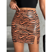 Tek yırtmaçlı zebra desenli deri etek kahvesiyah w24475-S