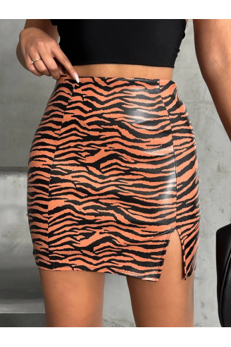 Tek yırtmaçlı zebra desenli deri etek kahvesiyah w24475-S