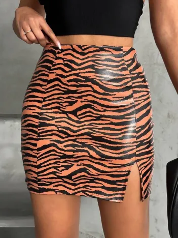 Tek Yırtmaçlı Zebra Desenli Deri Etek Kahvesiyah W24475-s