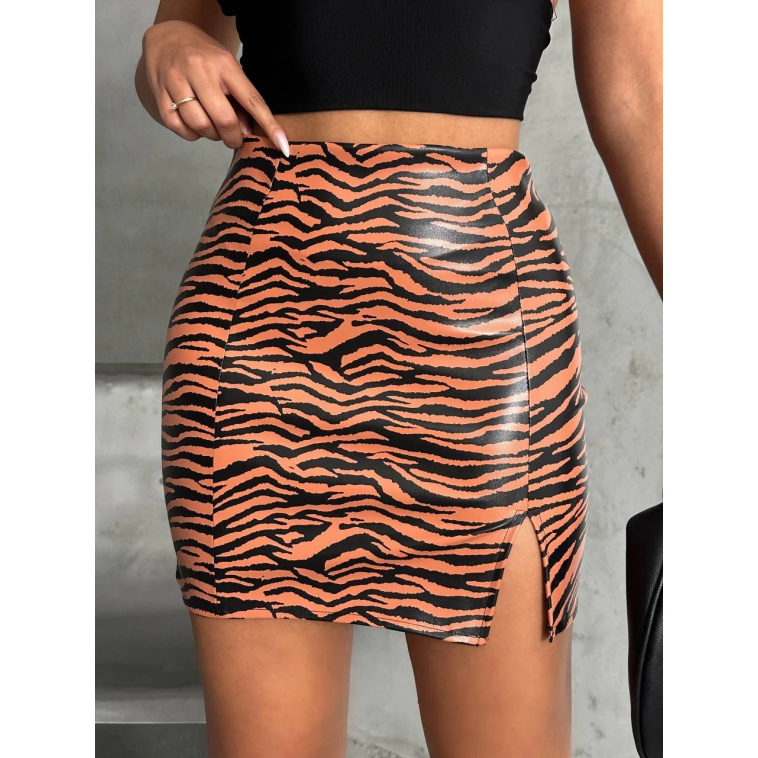 Tek yırtmaçlı zebra desenli deri etek kahvesiyah w24475-S Tek yırtmaçlı zebra desenli deri etek kahvesiyah w24475-S