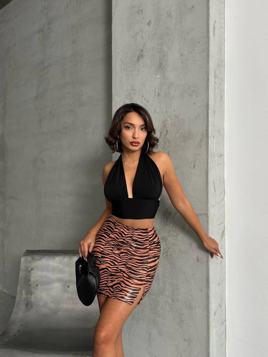 Tek yırtmaçlı zebra desenli deri etek kahvesiyah w24475-S Tek yırtmaçlı zebra desenli deri etek kahvesiyah w24475-S