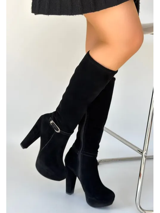 Tekja Siyah Süet Topuklu Çizme