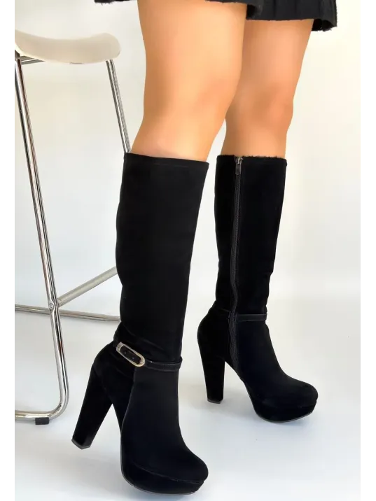 Tekja Siyah Süet Topuklu Çizme