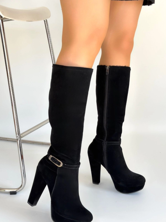 Tekja Siyah Süet Topuklu Çizme