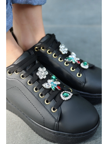 Tenya Siyah Cilt Taşlı Bağcıklı Spor Ayakkabı Tenya Siyah Cilt Taşlı Bağcıklı Spor Ayakkabı