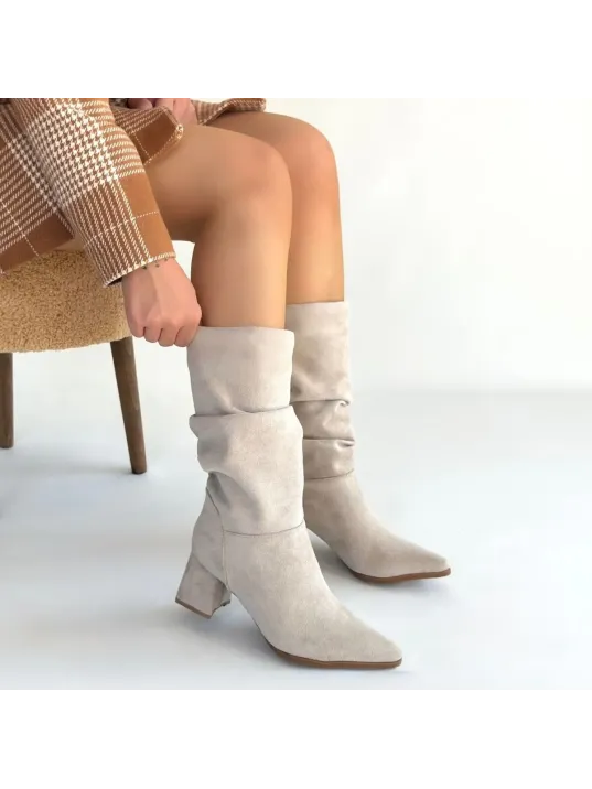Titen Bej Süet Körüklü Topuklu Çizme