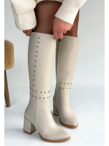 Tiyan Bej Cilt Topuklu Çizme