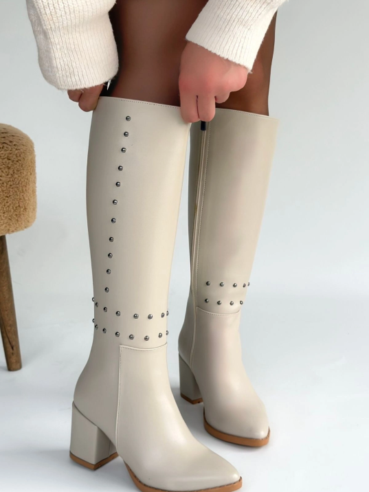 Tiyan Bej Cilt Topuklu Çizme