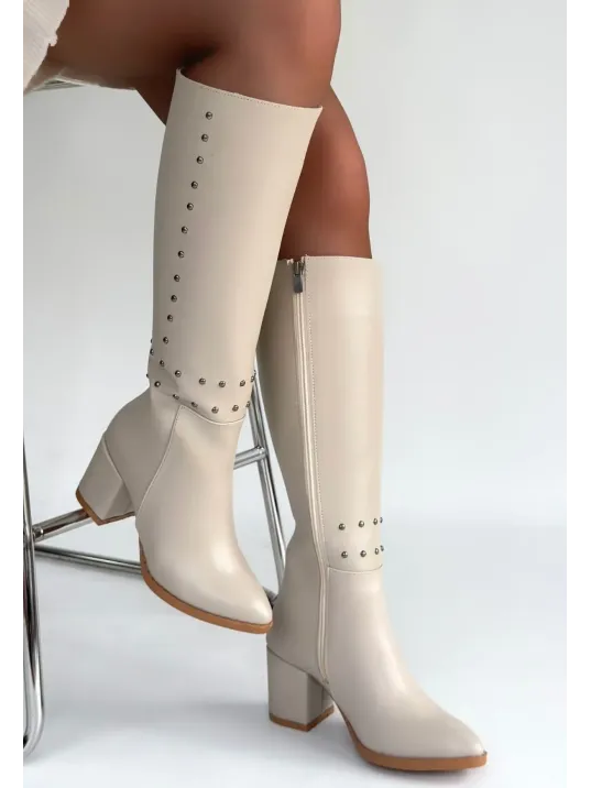 Tiyan Bej Cilt Topuklu Çizme