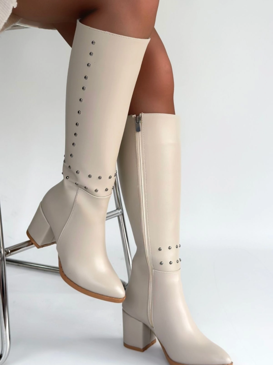 Tiyan Bej Cilt Topuklu Çizme