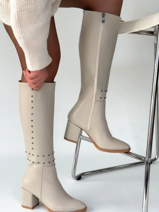 Tiyan Bej Cilt Topuklu Çizme