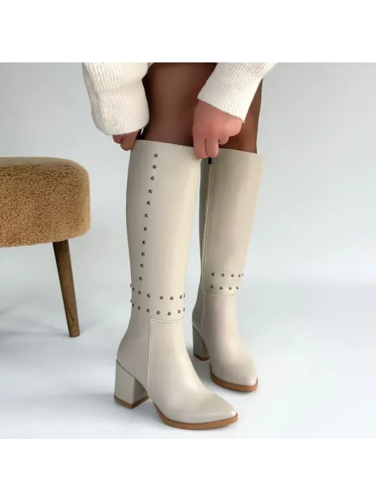 Tiyan Bej Cilt Topuklu Çizme