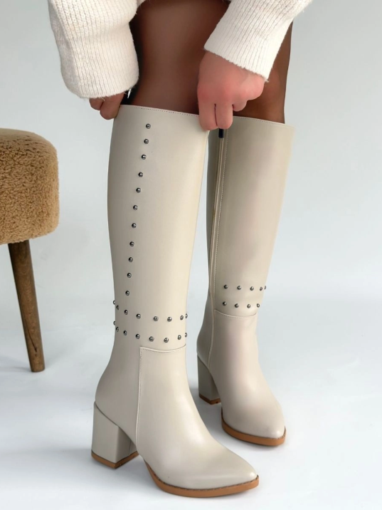 Tiyan Bej Cilt Topuklu Çizme