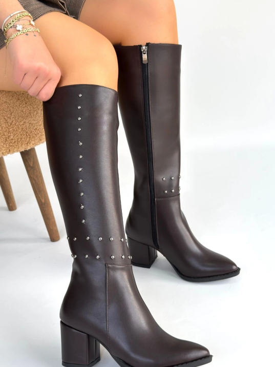 Tiyan Kahverengi Cilt Topuklu Çizme