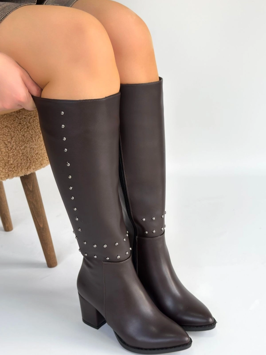 Tiyan Kahverengi Cilt Topuklu Çizme