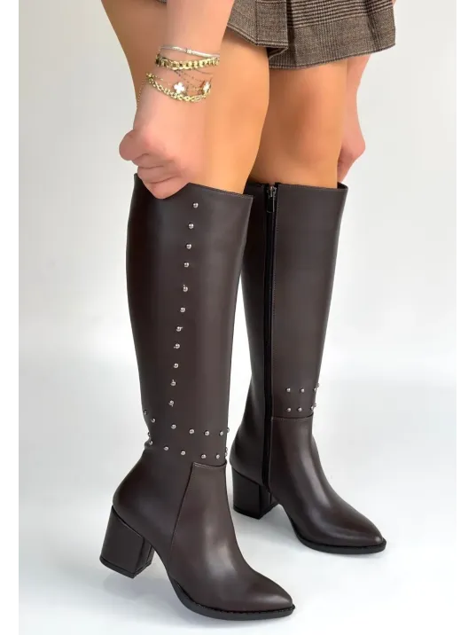 Tiyan Kahverengi Cilt Topuklu Çizme