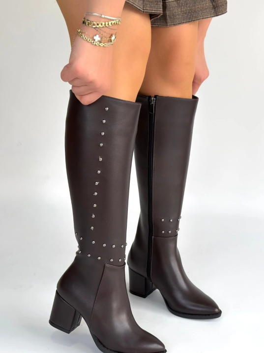 Tiyan Kahverengi Cilt Topuklu Çizme