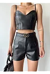 Tokalı Deri Şort Siyah S24444