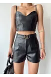 Tokalı Deri Şort Siyah S24444
