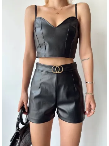 Tokalı Deri Şort Siyah S24444