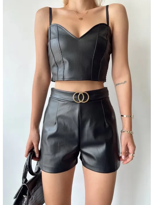 Tokalı Deri Şort Siyah S24444