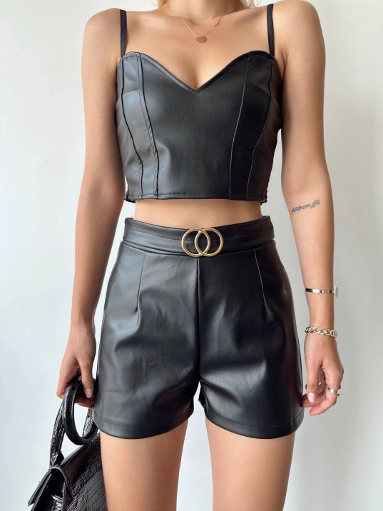 Tokalı deri şort siyah s24444 Tokalı deri şort siyah s24444