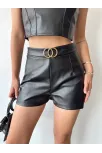 Tokalı Deri Şort Siyah S24444