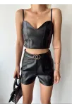 Tokalı Deri Şort Siyah S24444